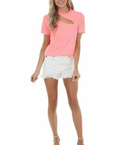 BiBi Neon Pink Ribbed Short Sleeve Knit Top With Cut Out Detail