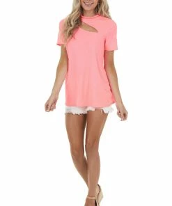 BiBi Neon Pink Ribbed Short Sleeve Knit Top With Cut Out Detail 24 BiBi Neon Pink Ribbed Short Sleeve Knit Top With Cut Out Detail