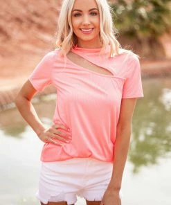 BiBi Neon Pink Ribbed Short Sleeve Knit Top With Cut Out Detail 28 BiBi Neon Pink Ribbed Short Sleeve Knit Top With Cut Out Detail
