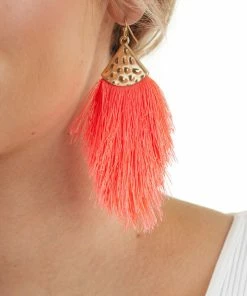 MYS WHOLESALE Neon Pink Tassel Dangle Earrings With Gold Hammered Metal