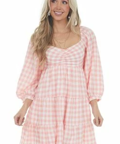 Entro Dresses Neon Punch Gingham Babydoll Tiered Short Dress