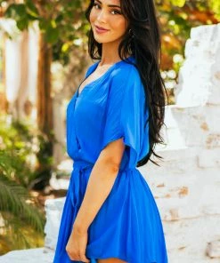 Glam Sapphire Surplice Smocked Waist Woven Romper Dresses