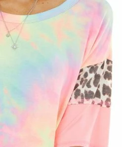 Vanilla Bay Neon Tie Dye Top With Leopard Print And Colorblock Sleeves Tops