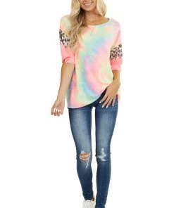 Vanilla Bay Neon Tie Dye Top With Leopard Print And Colorblock Sleeves Tops