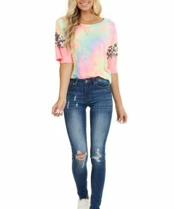 Vanilla Bay Neon Tie Dye Top With Leopard Print And Colorblock Sleeves Tops
