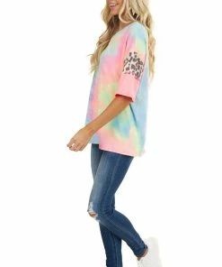 Vanilla Bay Neon Tie Dye Top With Leopard Print And Colorblock Sleeves Tops
