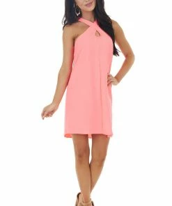 Lime Lush Dresses Neon Watermelon Sleeveless Halter Neckline Short Woven Dress 21 Lime Lush Dresses Neon Watermelon Sleeveless Halter Neckline Short Woven Dress