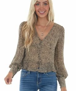 Mittoshop Taupe Leopard Print Button Up Peplum Blouse Tops