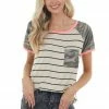 HEIMISH Tops Oatmeal And Black Striped Knit Top With Camo And Neon Detail