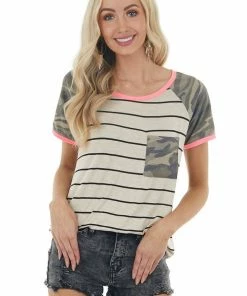 HEIMISH Tops Oatmeal And Black Striped Knit Top With Camo And Neon Detail