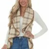 Peach Love Outerwear Oatmeal And Camel Plaid Waterfall Open Front Vest