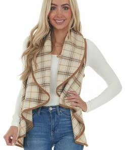 Peach Love Outerwear Oatmeal And Camel Plaid Waterfall Open Front Vest