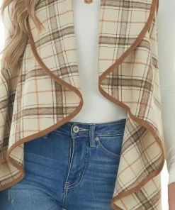 Peach Love Outerwear Oatmeal And Camel Plaid Waterfall Open Front Vest
