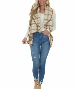 Peach Love Outerwear Oatmeal And Camel Plaid Waterfall Open Front Vest