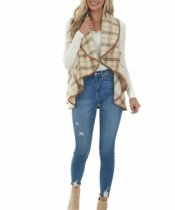 Peach Love Outerwear Oatmeal And Camel Plaid Waterfall Open Front Vest
