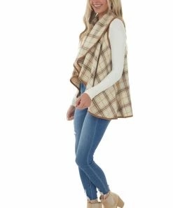 Peach Love Outerwear Oatmeal And Camel Plaid Waterfall Open Front Vest