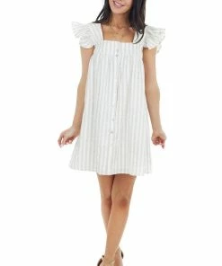 Entro Dresses Oatmeal And Ivory Stripe Print Mini Dress With Ruffle Straps