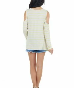 143 Story Tops Oatmeal And Lemon Striped Cold Shoulder Top With Cutout Neck