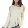 143 Story Tops Oatmeal And Lemon Striped Cold Shoulder Top With Cutout Neck