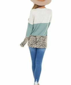 Vanilla Bay Tops Oatmeal And Sage Colorblock And Leopard Print Contrast Top