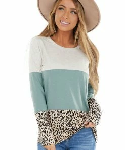 Vanilla Bay Tops Oatmeal And Sage Colorblock And Leopard Print Contrast Top