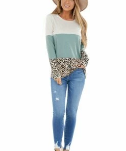 Vanilla Bay Tops Oatmeal And Sage Colorblock And Leopard Print Contrast Top