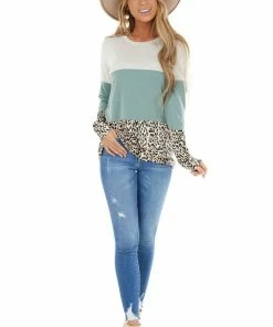 Vanilla Bay Tops Oatmeal And Sage Colorblock And Leopard Print Contrast Top