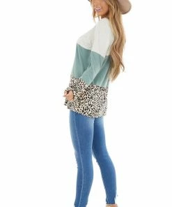 Vanilla Bay Tops Oatmeal And Sage Colorblock And Leopard Print Contrast Top
