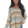 Ces Femme Oatmeal Aztec Print Long Sleeve Knit Top