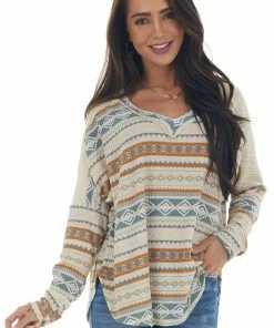 Ces Femme Oatmeal Aztec Print Long Sleeve Knit Top