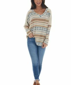 Ces Femme Oatmeal Aztec Print Long Sleeve Knit Top