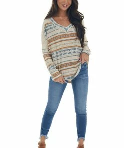 Ces Femme Oatmeal Aztec Print Long Sleeve Knit Top