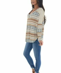 Ces Femme Oatmeal Aztec Print Long Sleeve Knit Top