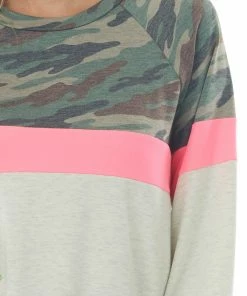 Vanilla Bay Oatmeal Camo Colorblock Long Sleeve Knit Sweatshirt