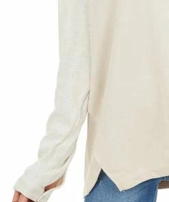 Umgee Tops Oatmeal Contrasting Long Sleeve Top With Side Slit Detail