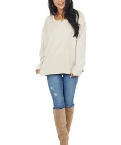 Umgee Tops Oatmeal Contrasting Long Sleeve Top With Side Slit Detail