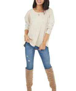 Umgee Tops Oatmeal Contrasting Long Sleeve Top With Side Slit Detail