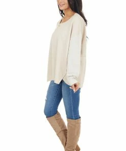 Umgee Tops Oatmeal Contrasting Long Sleeve Top With Side Slit Detail
