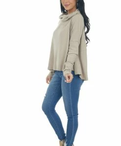 Blue B Oatmeal Cowl Neck Long Sleeve Brushed Knit Top Tops