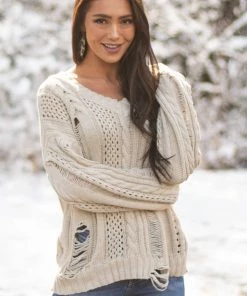 Prete Brands Oatmeal Distressed Cable Knit V Neck Sweater Tops