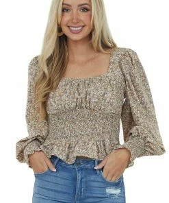 She + Sky Oatmeal Ditsy Floral Puff Sleeve Peplum Blouse