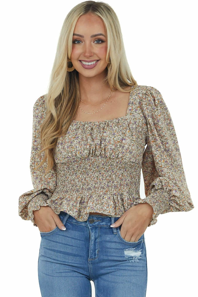 She + Sky Oatmeal Ditsy Floral Puff Sleeve Peplum Blouse 3 She + Sky Oatmeal Ditsy Floral Puff Sleeve Peplum Blouse