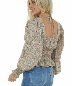 She + Sky Oatmeal Ditsy Floral Puff Sleeve Peplum Blouse 11 She + Sky Oatmeal Ditsy Floral Puff Sleeve Peplum Blouse