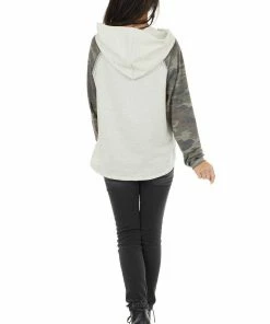 12PM Tops Oatmeal Hoodie Knit Top With Camo Print Contrast Sleeves 24 12PM Tops Oatmeal Hoodie Knit Top With Camo Print Contrast Sleeves