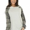 12PM Tops Oatmeal Hoodie Knit Top With Camo Print Contrast Sleeves