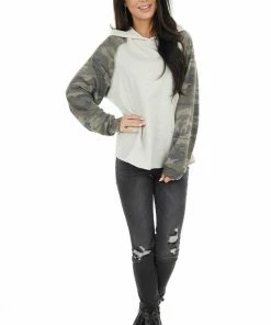 12PM Tops Oatmeal Hoodie Knit Top With Camo Print Contrast Sleeves 21 12PM Tops Oatmeal Hoodie Knit Top With Camo Print Contrast Sleeves