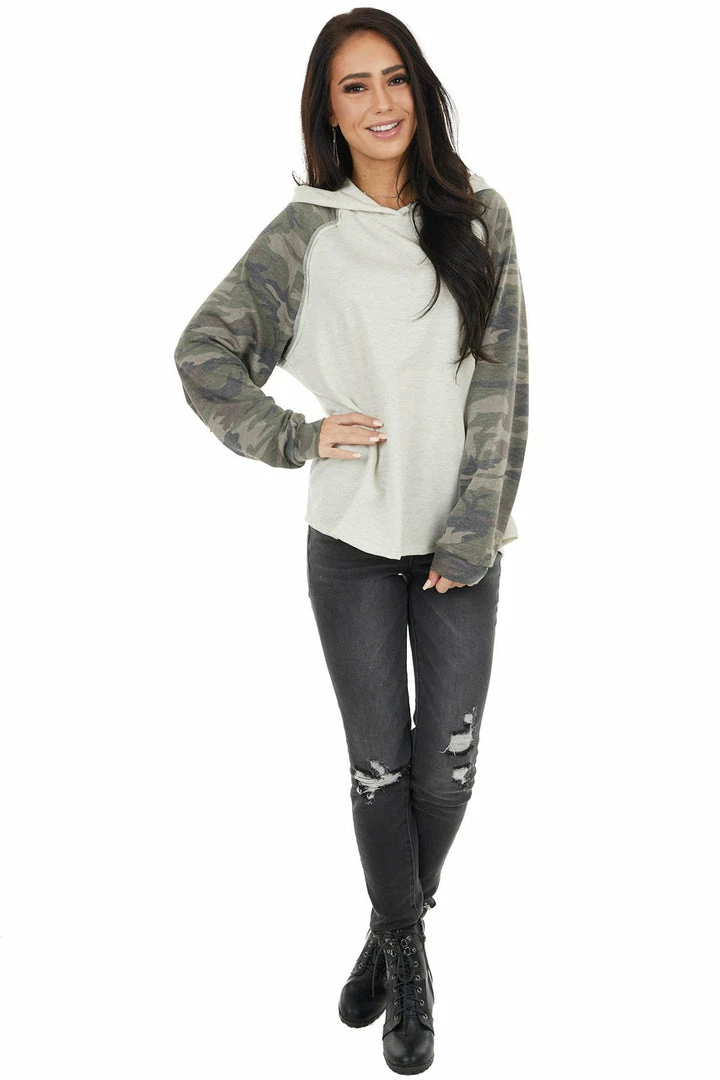 12PM Tops Oatmeal Hoodie Knit Top With Camo Print Contrast Sleeves 6 12PM Tops Oatmeal Hoodie Knit Top With Camo Print Contrast Sleeves