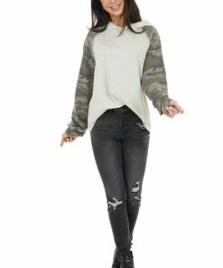 12PM Tops Oatmeal Hoodie Knit Top With Camo Print Contrast Sleeves 22 12PM Tops Oatmeal Hoodie Knit Top With Camo Print Contrast Sleeves