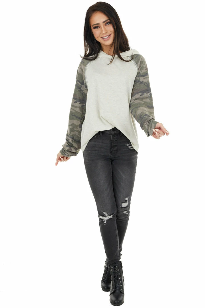 12PM Tops Oatmeal Hoodie Knit Top With Camo Print Contrast Sleeves 7 12PM Tops Oatmeal Hoodie Knit Top With Camo Print Contrast Sleeves