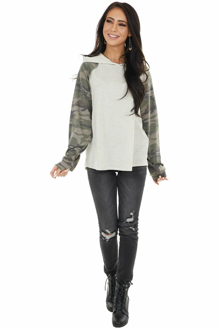 12PM Tops Oatmeal Hoodie Knit Top With Camo Print Contrast Sleeves 5 12PM Tops Oatmeal Hoodie Knit Top With Camo Print Contrast Sleeves